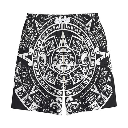 Black And White Maya Calendar Print Cotton Shorts