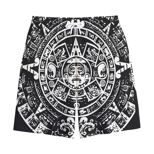 Black And White Maya Calendar Print Cotton Shorts