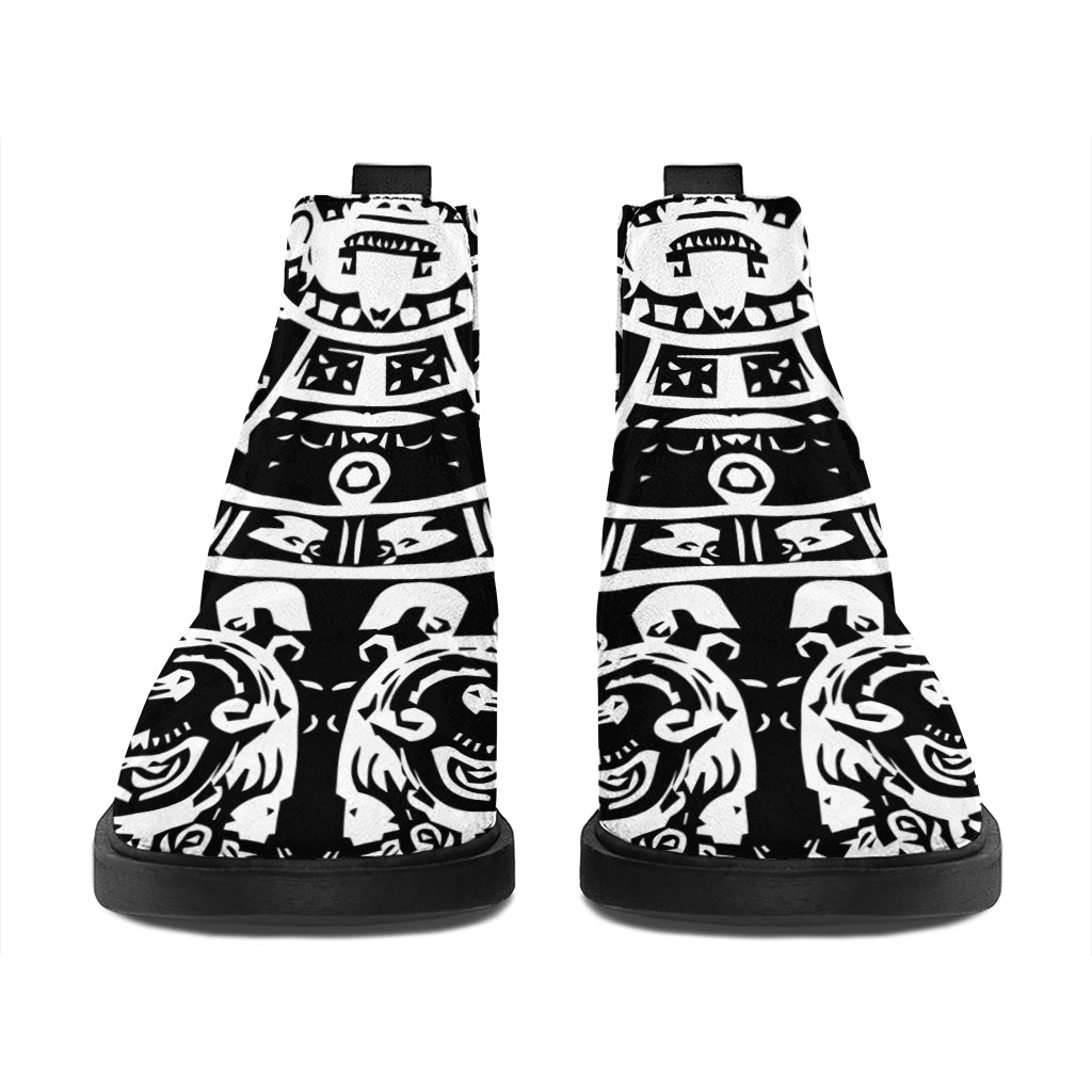 Black And White Maya Calendar Print Flat Ankle Boots