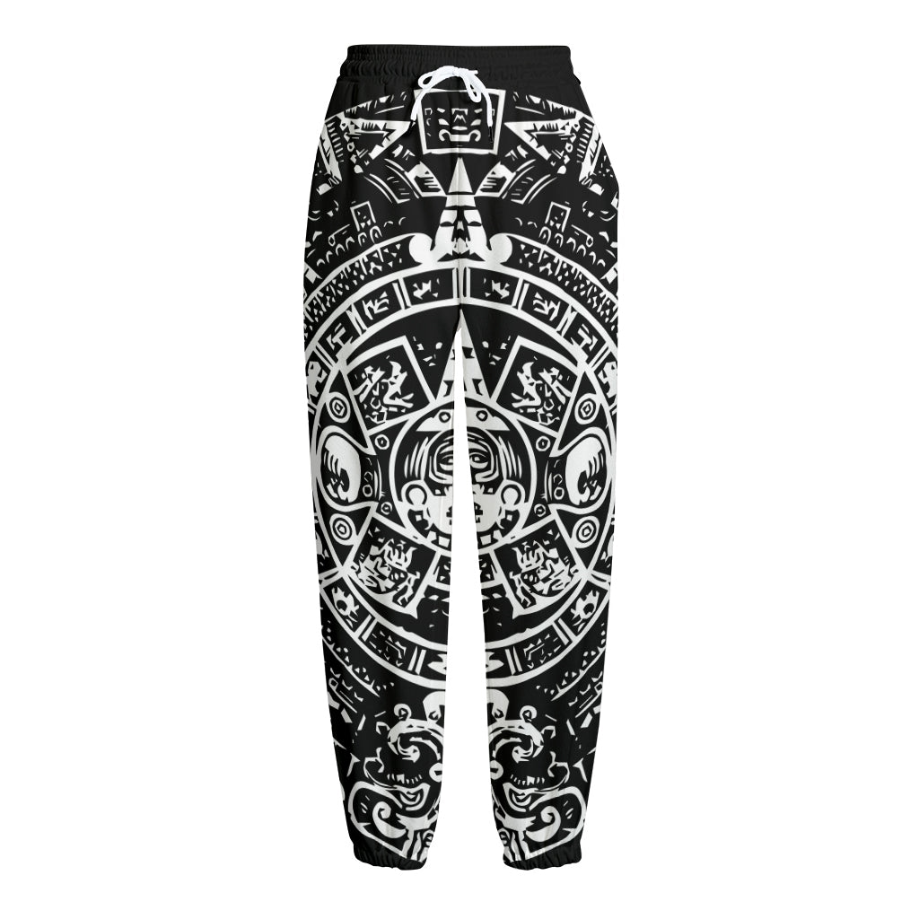 Black And White Maya Calendar Print Fleece Lined Knit Pants