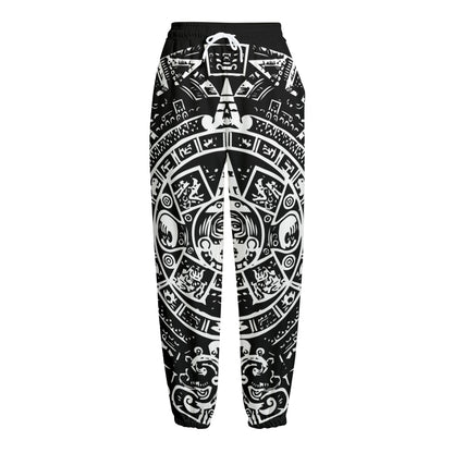 Black And White Maya Calendar Print Fleece Lined Knit Pants
