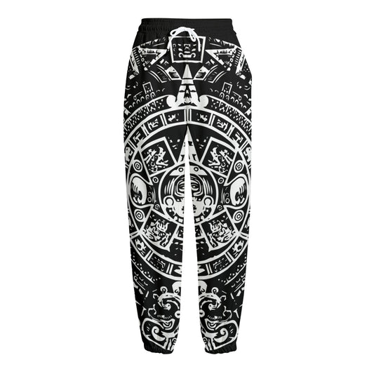 Black And White Maya Calendar Print Fleece Lined Knit Pants