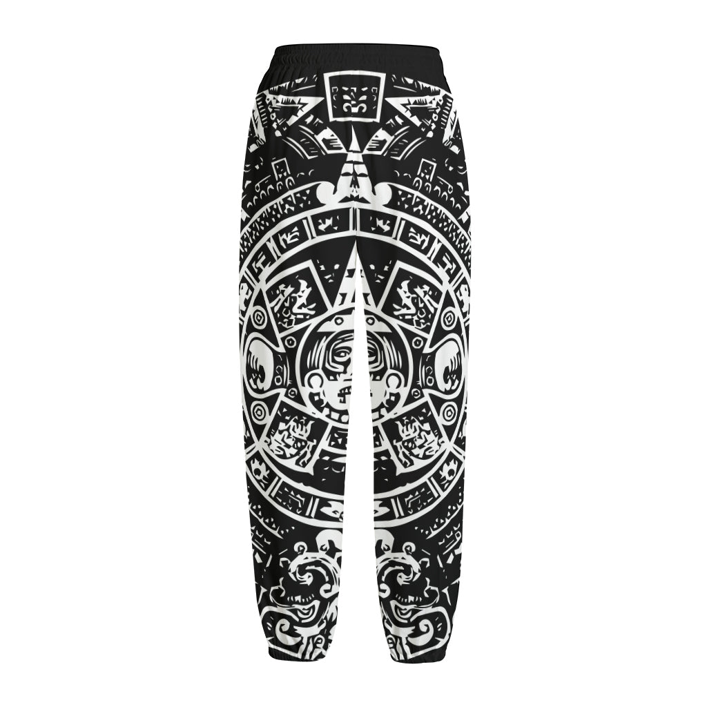 Black And White Maya Calendar Print Fleece Lined Knit Pants
