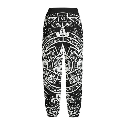 Black And White Maya Calendar Print Fleece Lined Knit Pants
