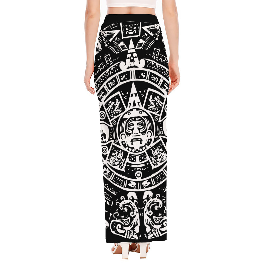 Black And White Maya Calendar Print High Slit Maxi Skirt