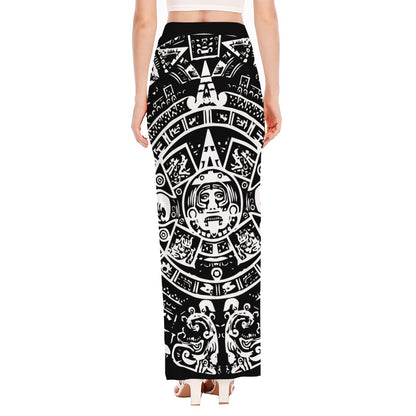 Black And White Maya Calendar Print High Slit Maxi Skirt