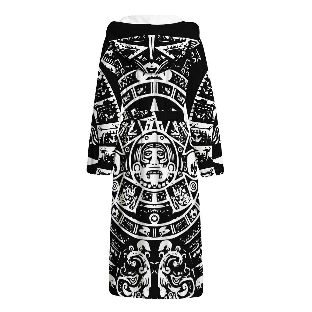 Black And White Maya Calendar Print Hooded Bathrobe