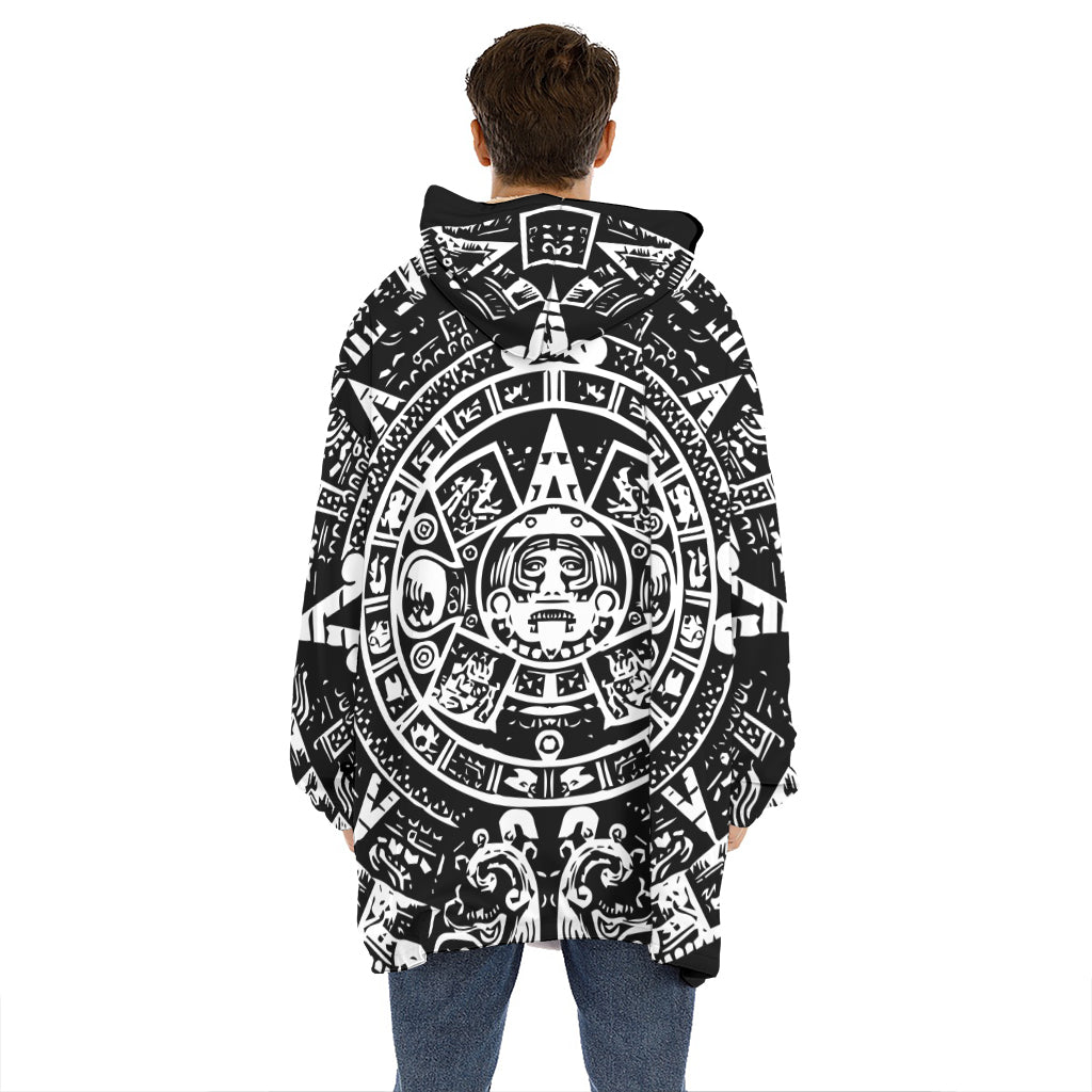 Black And White Maya Calendar Print Hoodie Blanket