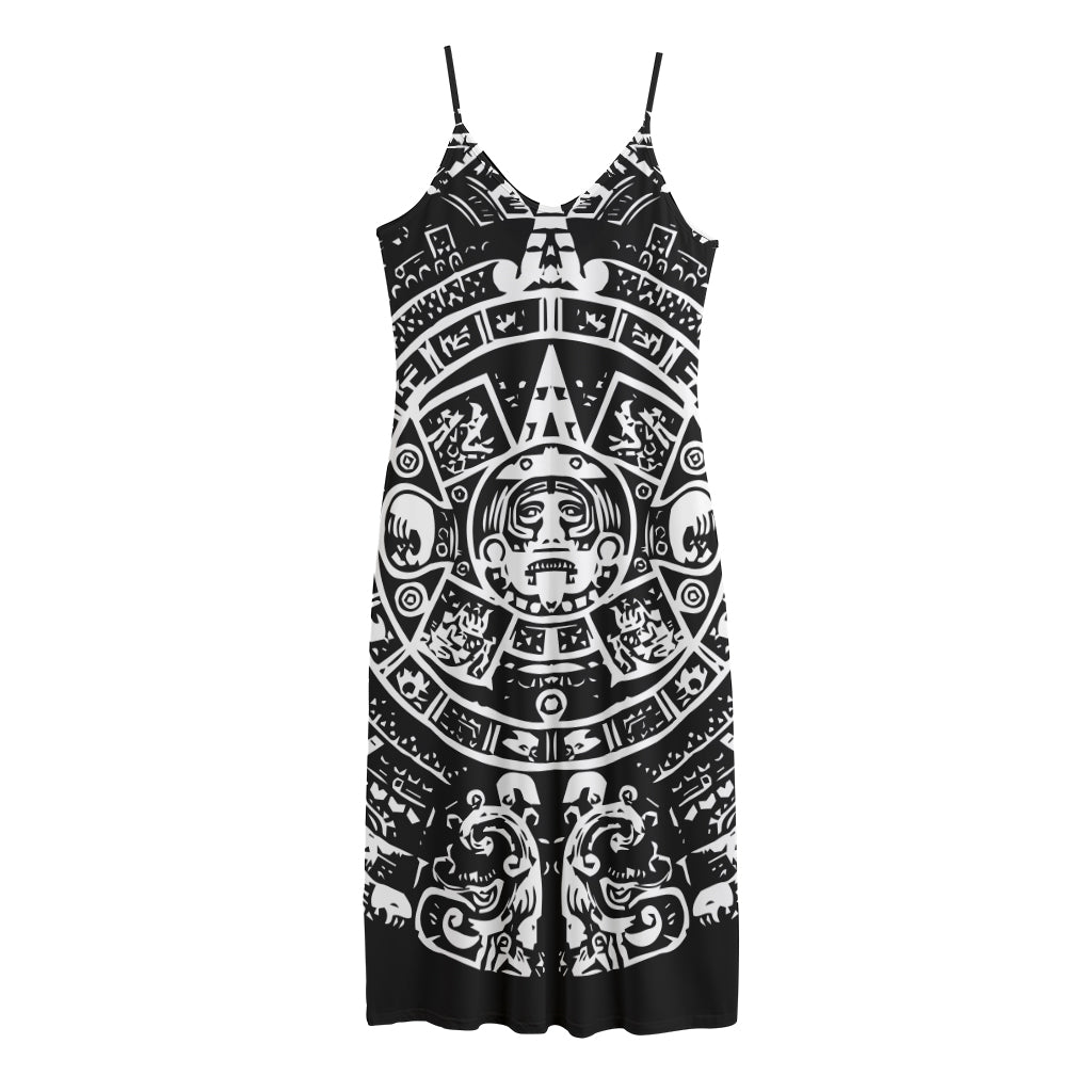 Black And White Maya Calendar Print Jersey Midi Cami Dress