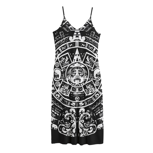 Black And White Maya Calendar Print Jersey Midi Cami Dress