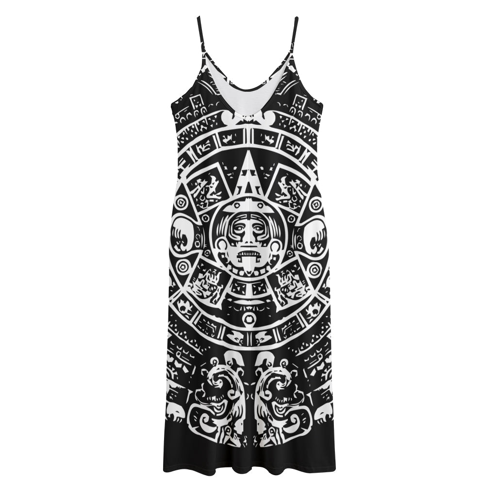 Black And White Maya Calendar Print Jersey Midi Cami Dress