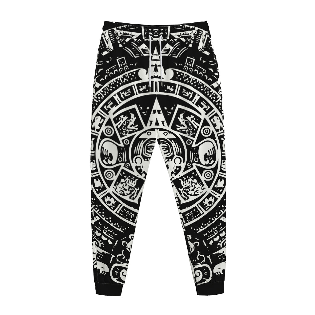 Black And White Maya Calendar Print Jogger Pants