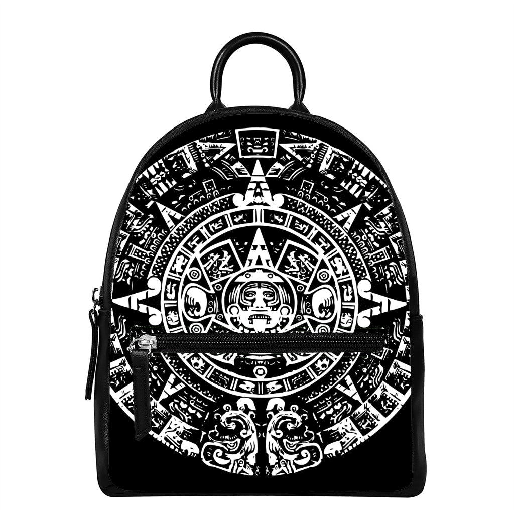 Black And White Maya Calendar Print Leather Backpack