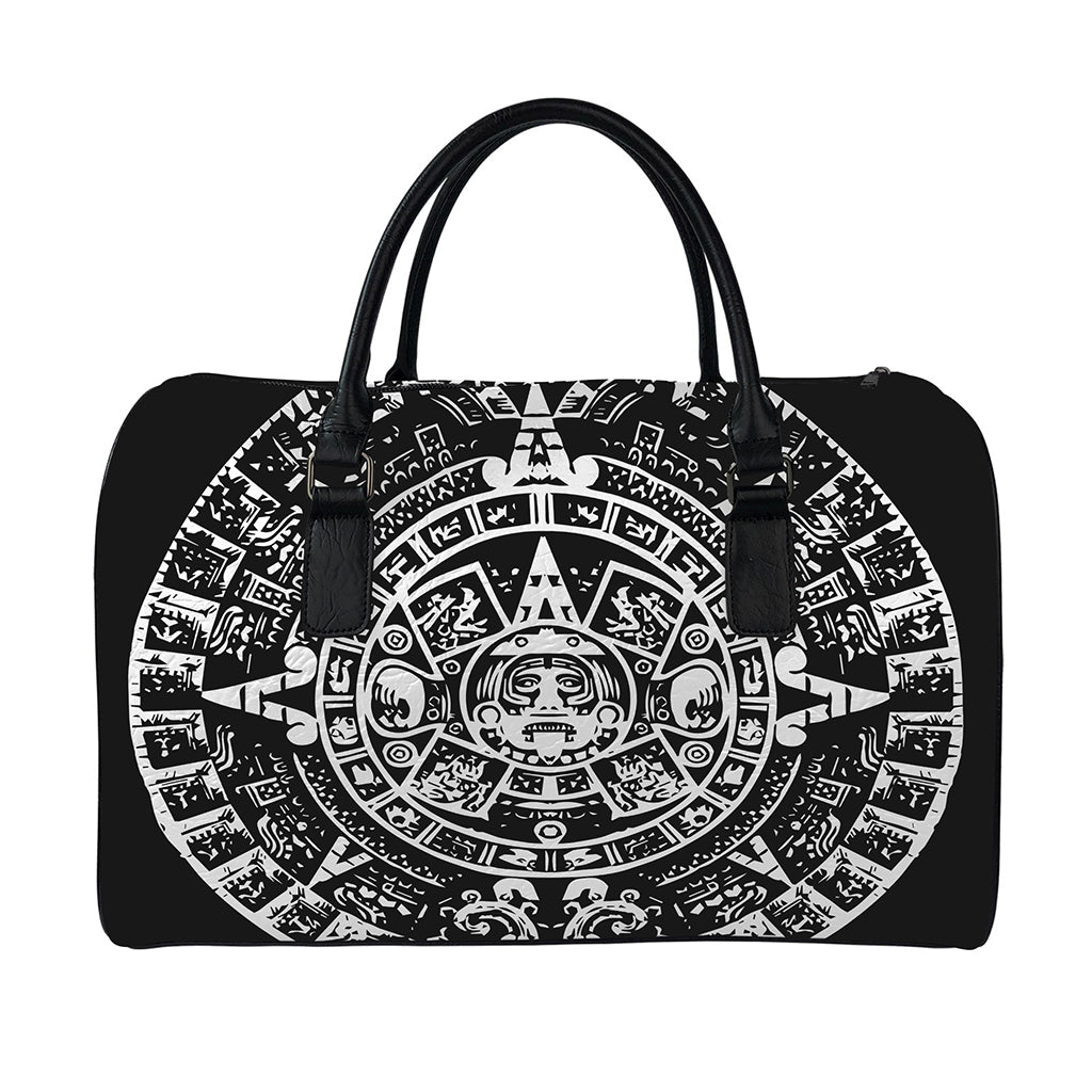 Black And White Maya Calendar Print Leather Duffle Bag