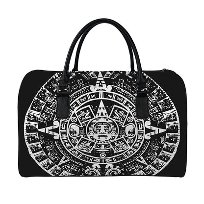 Black And White Maya Calendar Print Leather Duffle Bag