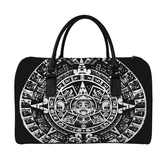 Black And White Maya Calendar Print Leather Duffle Bag