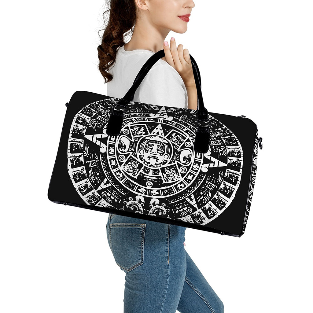 Black And White Maya Calendar Print Leather Duffle Bag