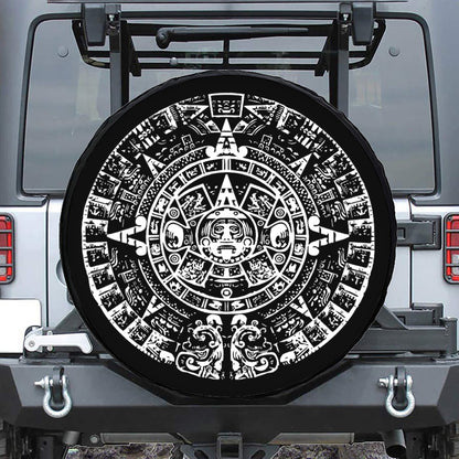 Black And White Maya Calendar Print Leather Spare Tire Cover