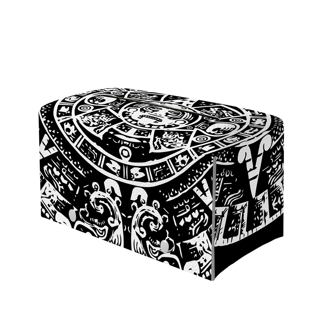 Black And White Maya Calendar Print Leather Tissue Box Cover