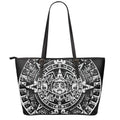 Black And White Maya Calendar Print Leather Tote Bag With Zipper