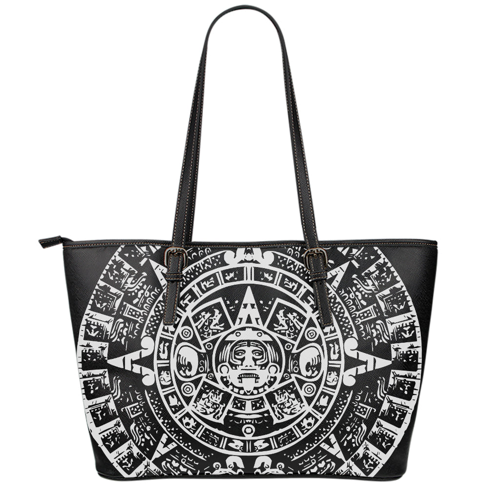 Black And White Maya Calendar Print Leather Tote Bag