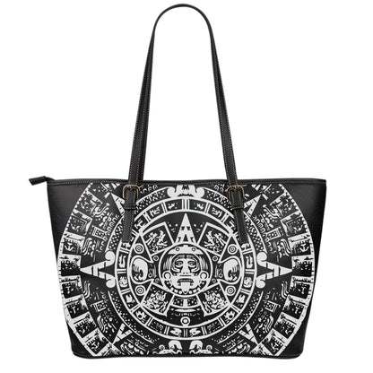 Black And White Maya Calendar Print Leather Tote Bag