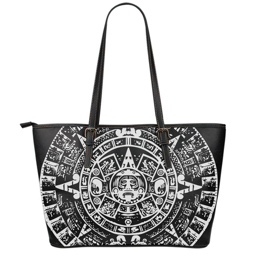 Black And White Maya Calendar Print Leather Tote Bag