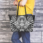 Black And White Maya Calendar Print Leather Tote Bag