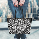 Black And White Maya Calendar Print Leather Tote Bag