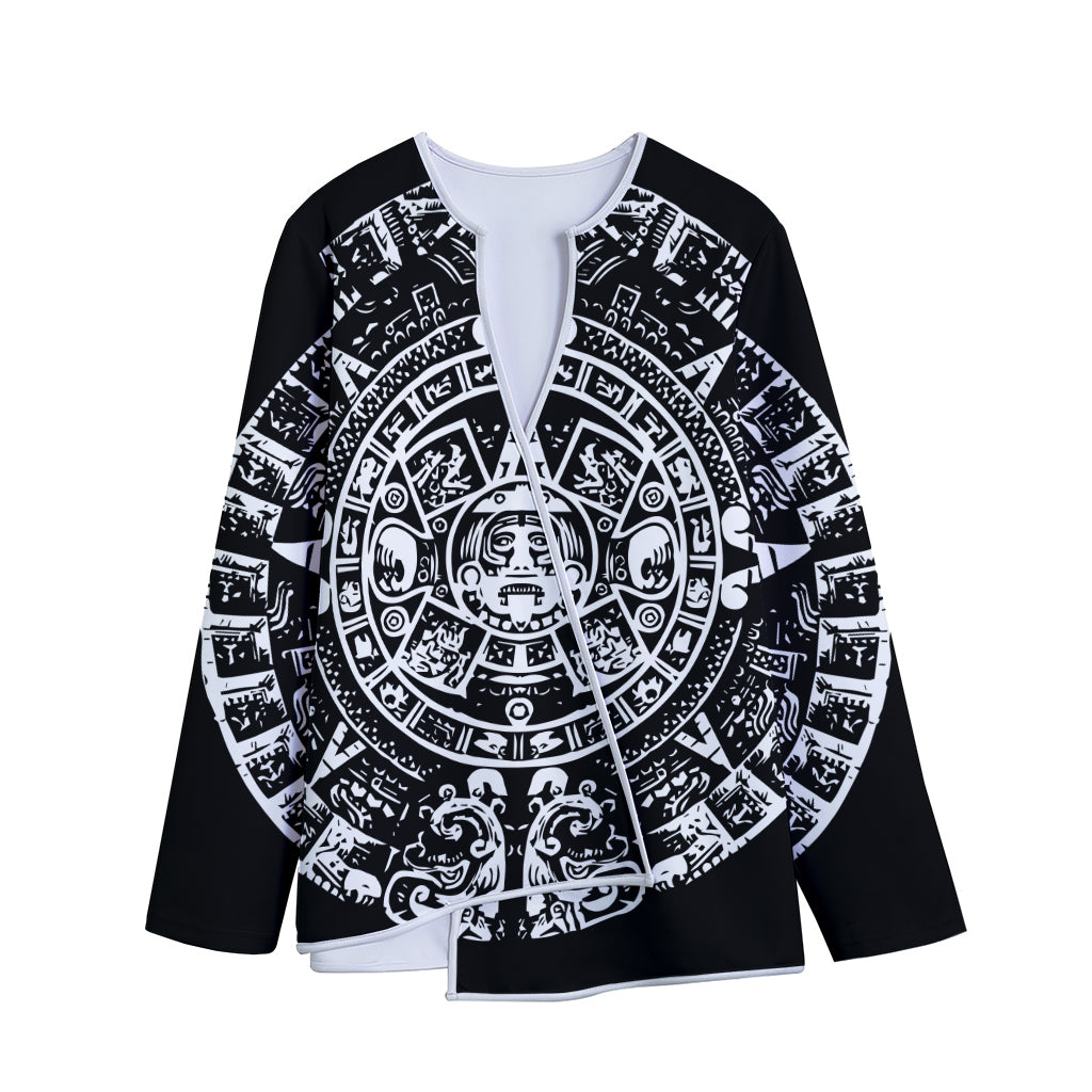 Black And White Maya Calendar Print Long Sleeve Short Coat