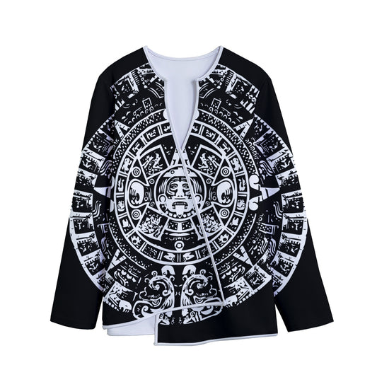 Black And White Maya Calendar Print Long Sleeve Short Coat