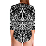 Black And White Maya Calendar Print Long Sleeve Swimsuit