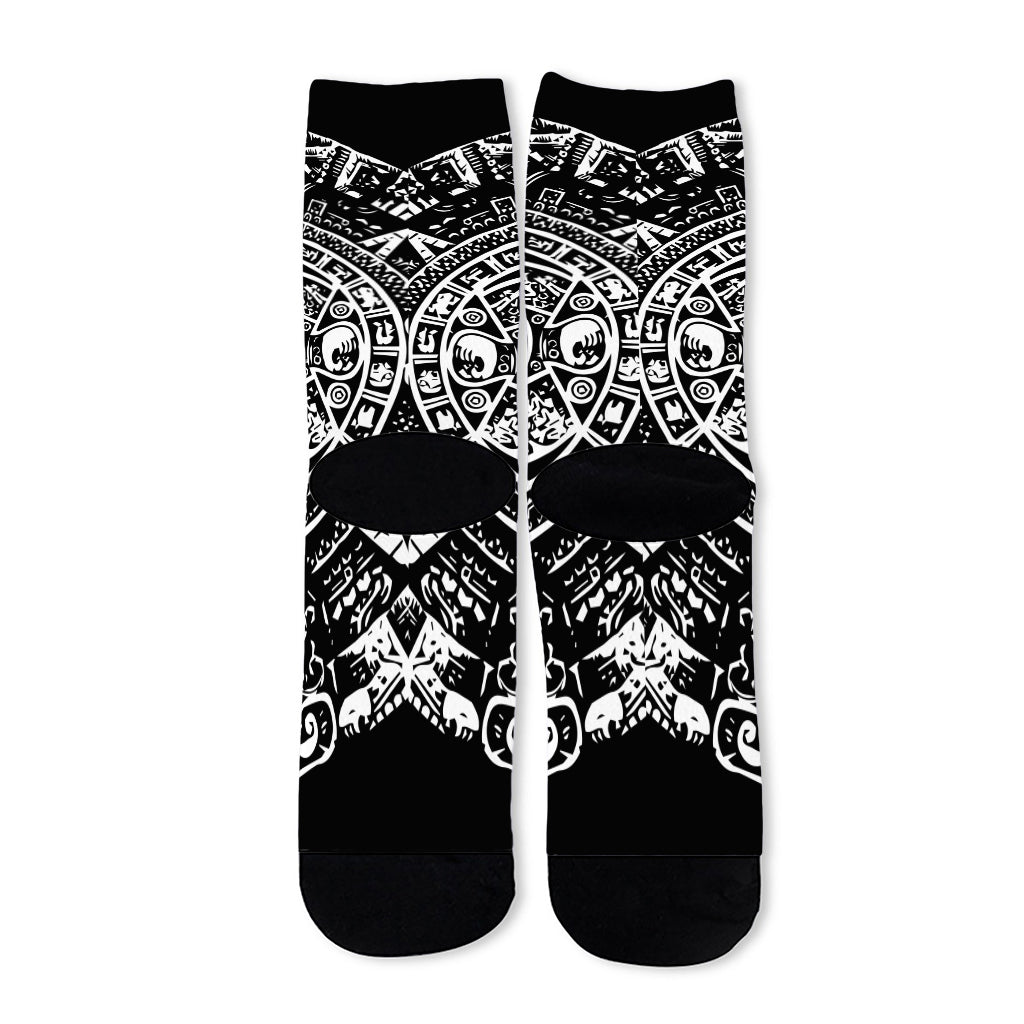 Black And White Maya Calendar Print Long Socks