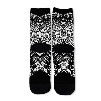 Black And White Maya Calendar Print Long Socks