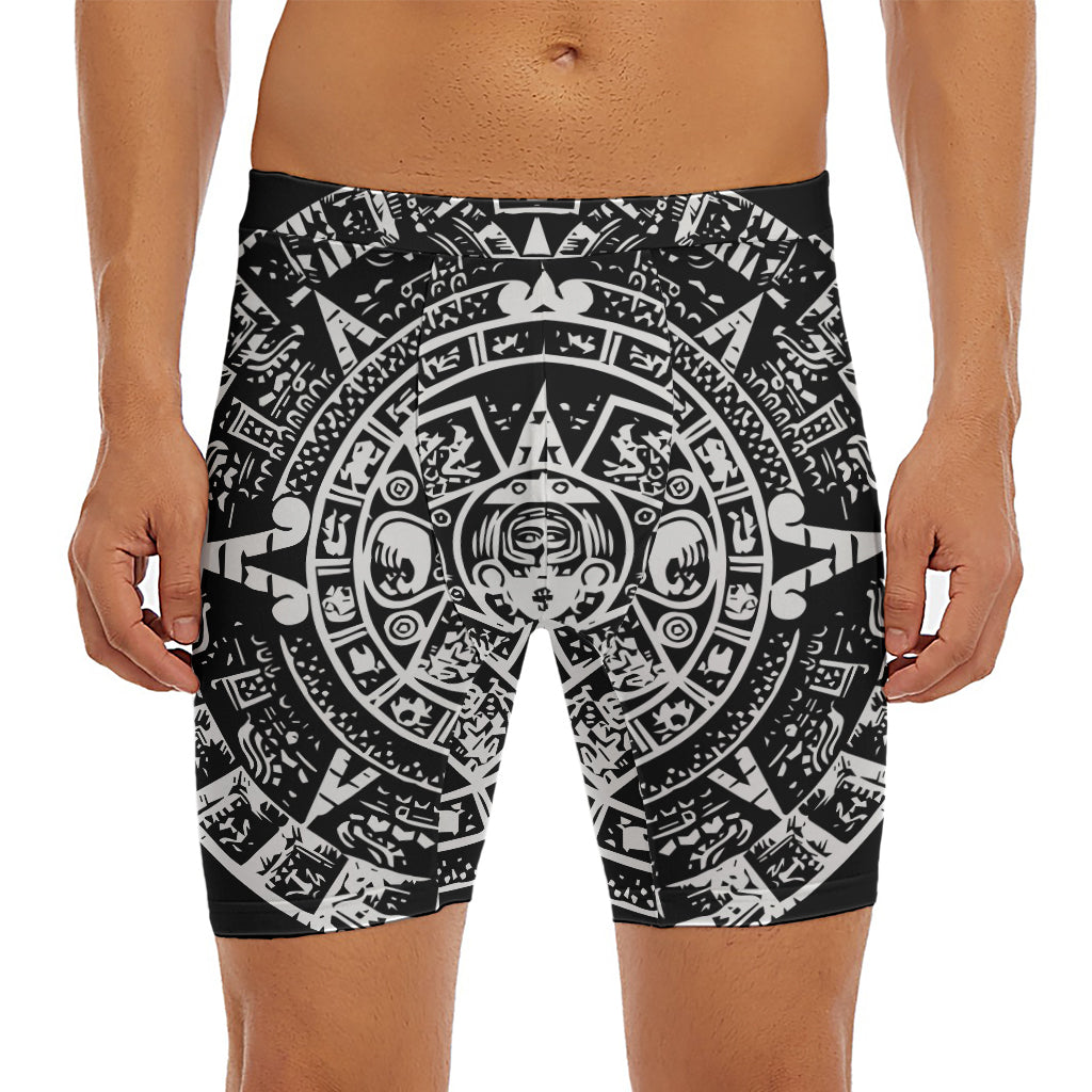 Black And White Maya Calendar Print Men's Long Boxer Briefs