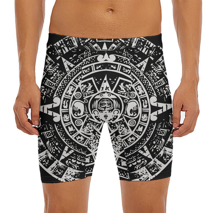 Black And White Maya Calendar Print Men's Long Boxer Briefs