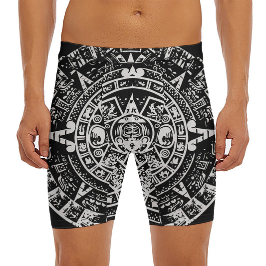Black And White Maya Calendar Print Men's Long Boxer Briefs