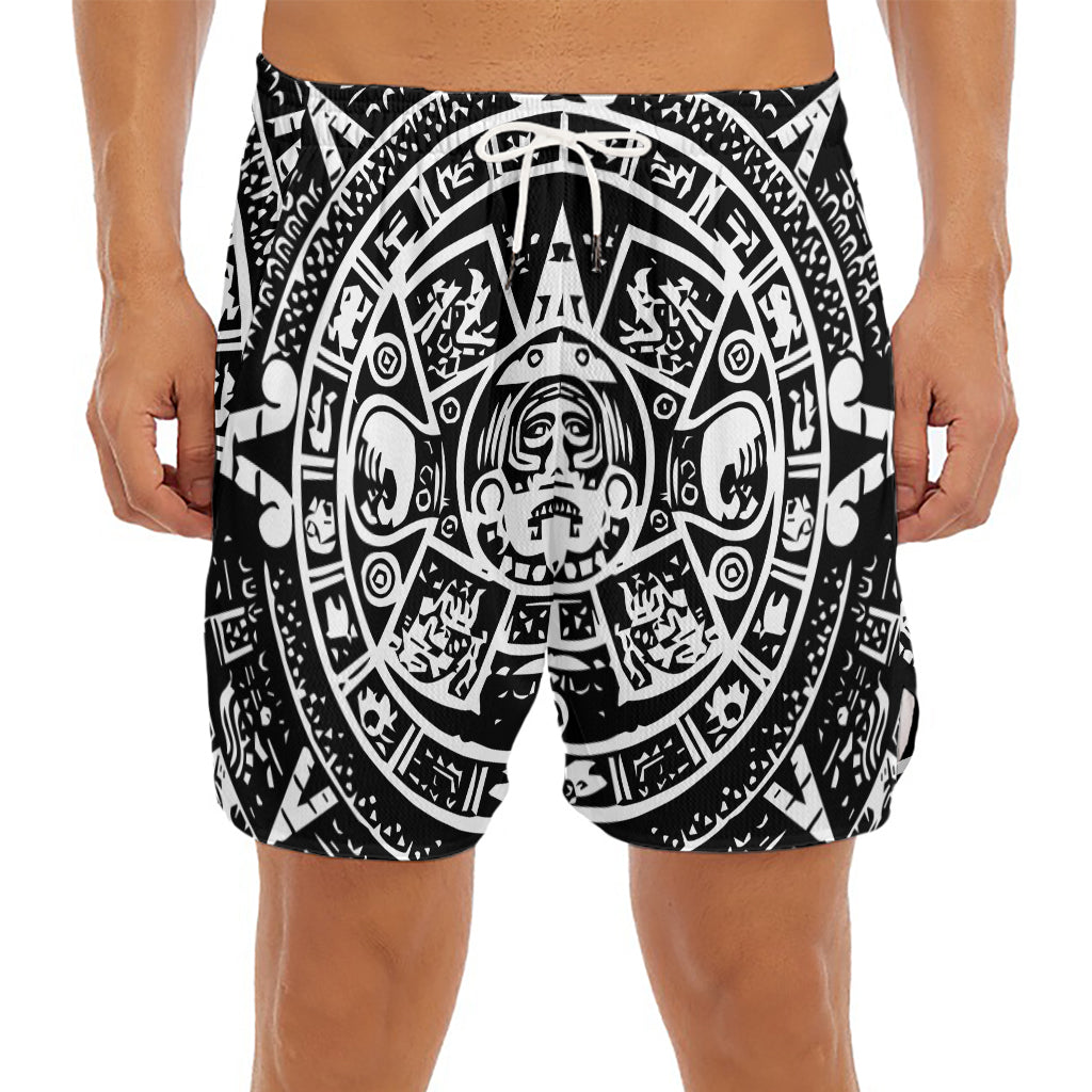 Black And White Maya Calendar Print Men's Split Running Shorts
