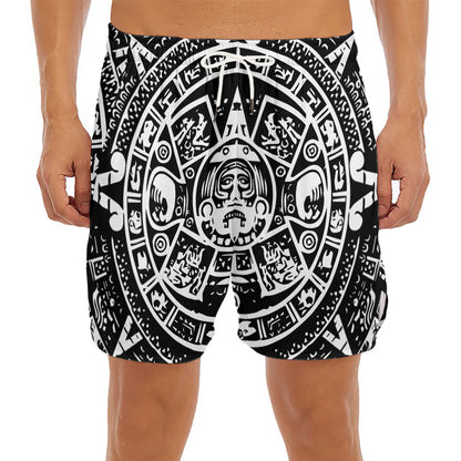 Black And White Maya Calendar Print Men's Split Running Shorts