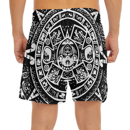 Black And White Maya Calendar Print Men's Split Running Shorts