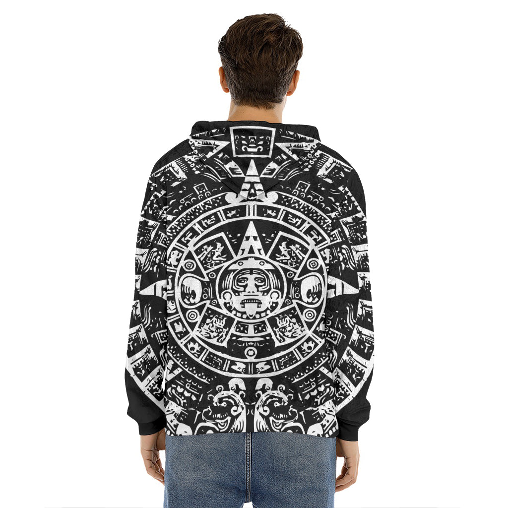 Black And White Maya Calendar Print Men's Velvet Pullover Hoodie