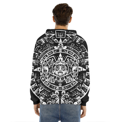 Black And White Maya Calendar Print Men's Velvet Pullover Hoodie