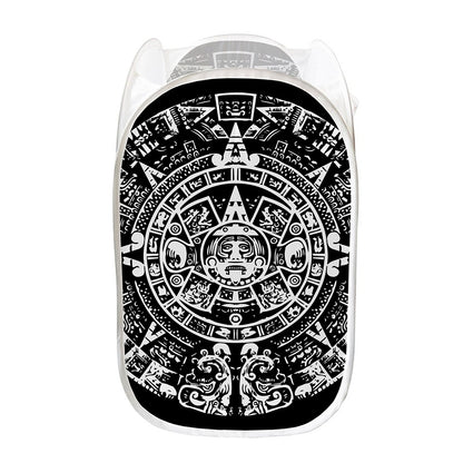 Black And White Maya Calendar Print Mesh Laundry Hamper