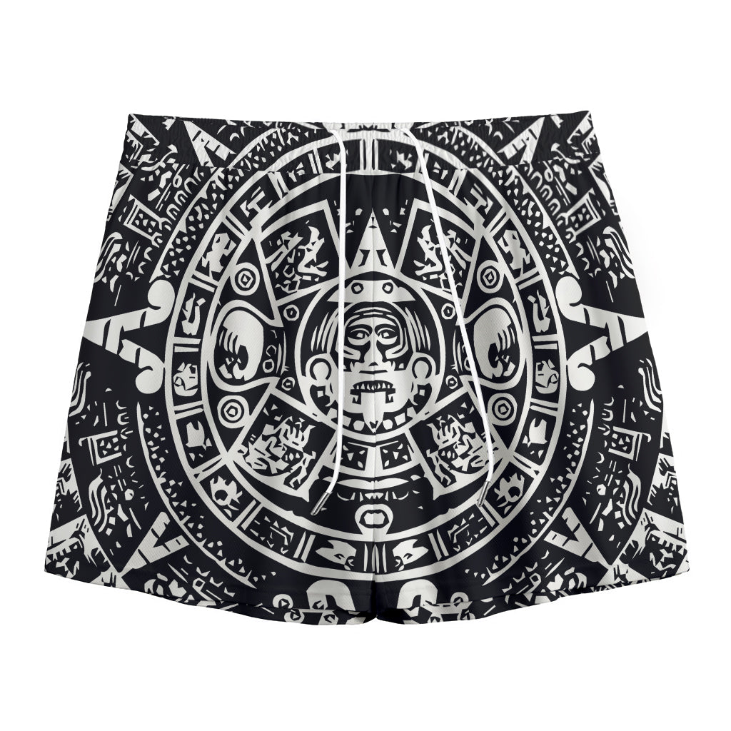 Black And White Maya Calendar Print Mesh Shorts