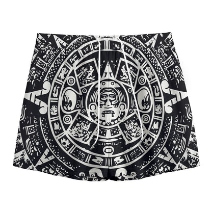 Black And White Maya Calendar Print Mesh Shorts