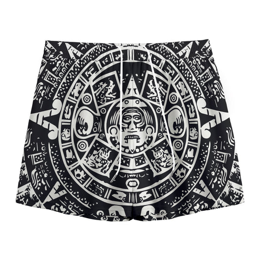 Black And White Maya Calendar Print Mesh Shorts