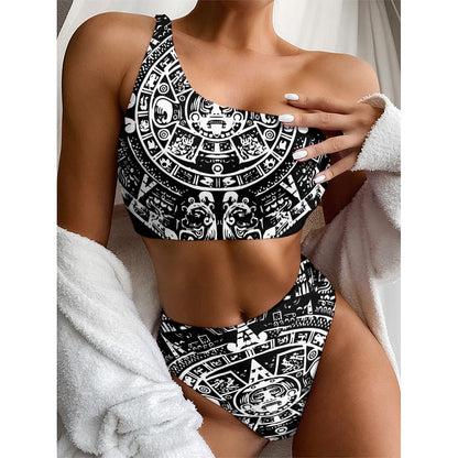 Black And White Maya Calendar Print One Shoulder Bikini Top