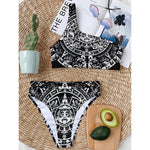 Black And White Maya Calendar Print One Shoulder Bikini Top