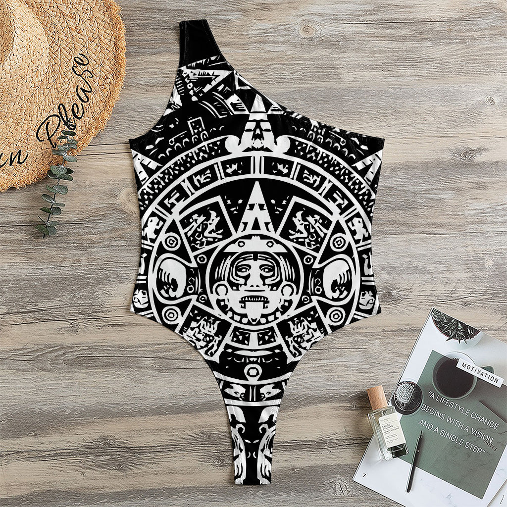 Black And White Maya Calendar Print One Shoulder Bodysuit