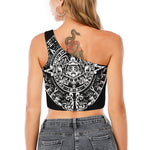 Black And White Maya Calendar Print One Shoulder Crop Top
